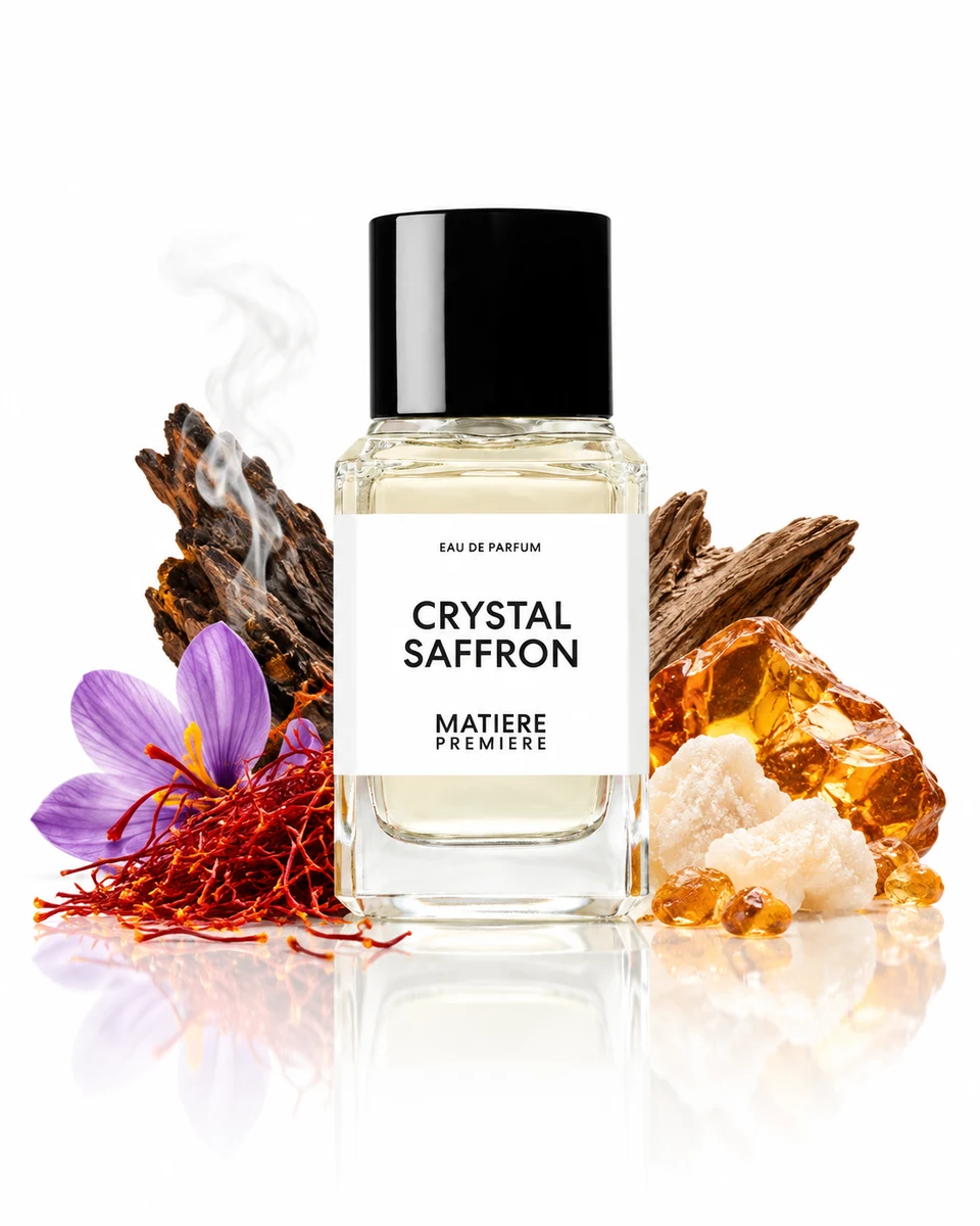 Matière Première Crystal Saffron Eau de Parfum bottle with fragrance-note elements (AI-generated)