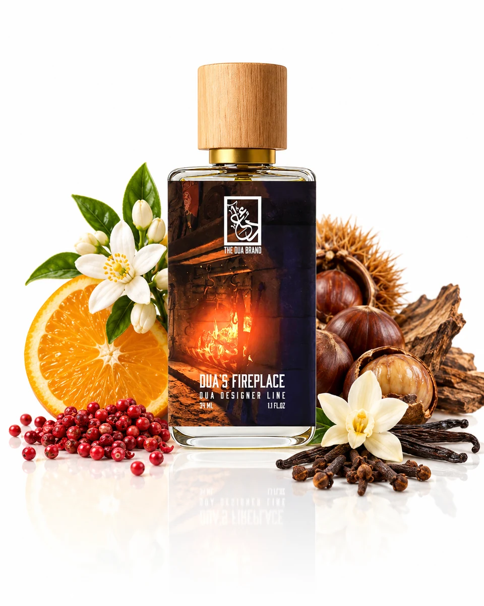The Dua Brand Dua’s Fireplace Extrait de Parfum bottle with fragrance-note elements (AI-generated)