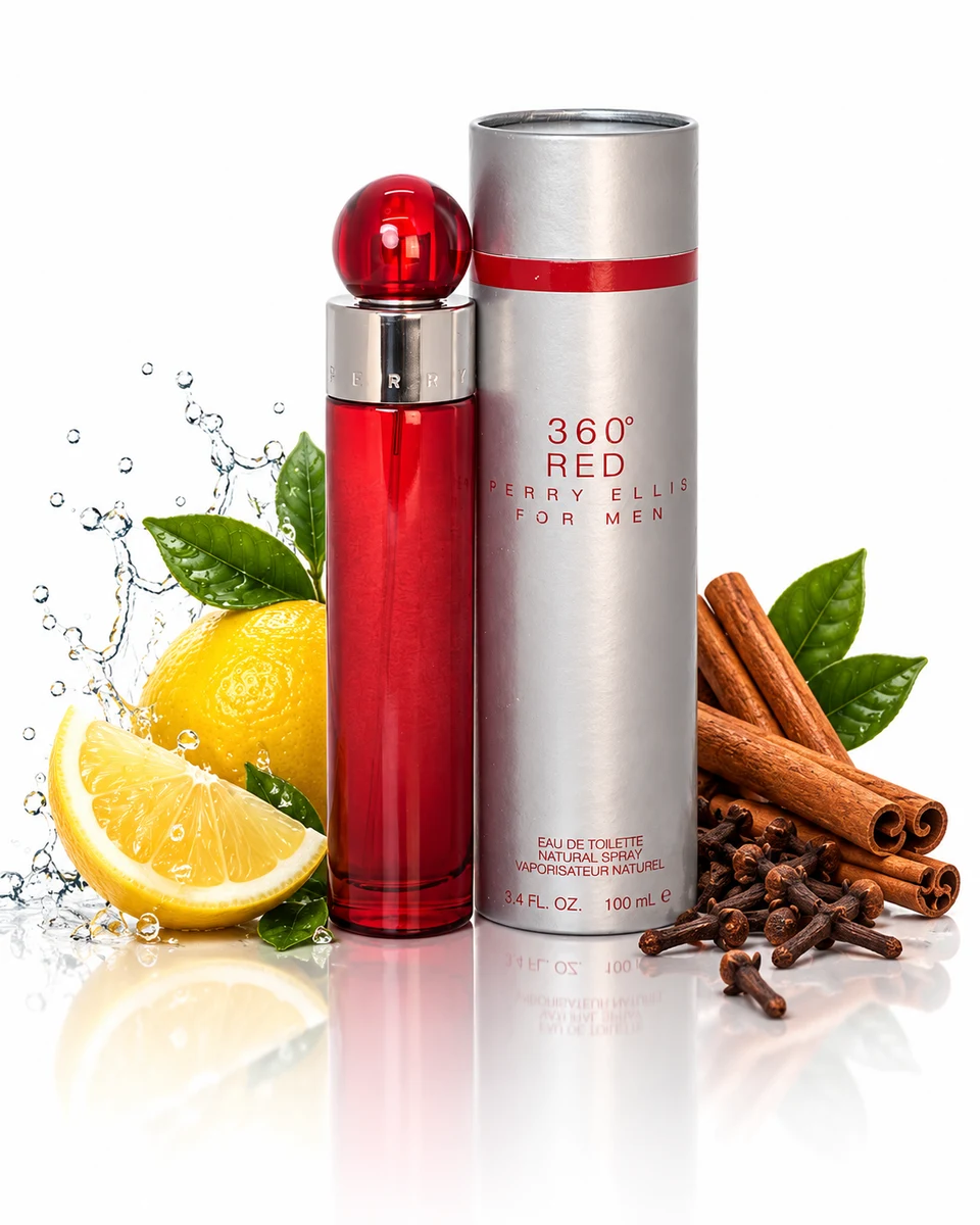 Perry Ellis 360 Red for Men Eau de Toilette bottle with fragrance-note elements (AI-generated)
