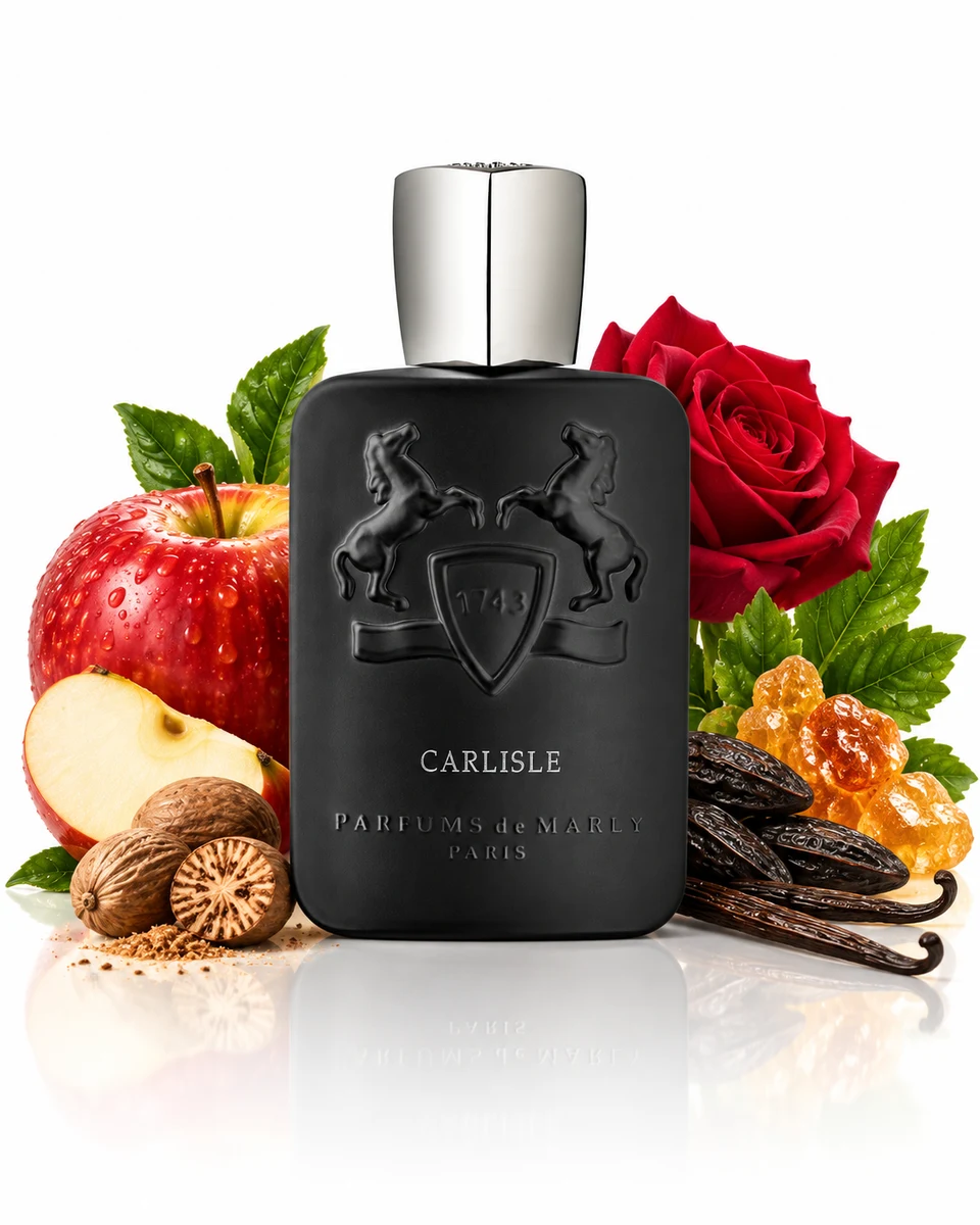 Parfums de Marly Carlisle Eau de Parfum bottle with fragrance-note elements (AI-generated)