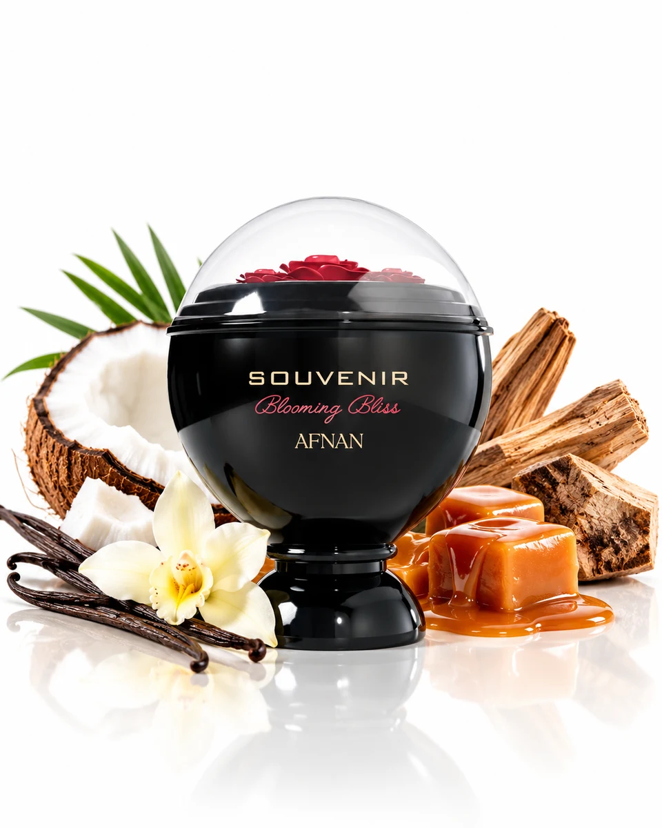 Afnan Souvenir Blooming Bliss Eau de Parfum bottle with fragrance-note elements (AI-generated)