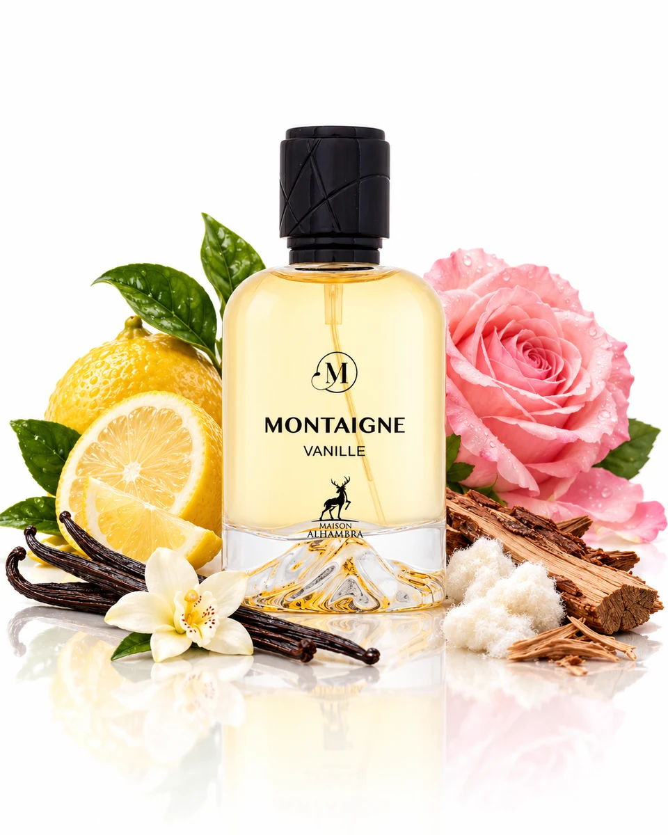 Maison Alhambra Montaigne Vanille Eau de Parfum bottle with fragrance-note elements (AI-generated)