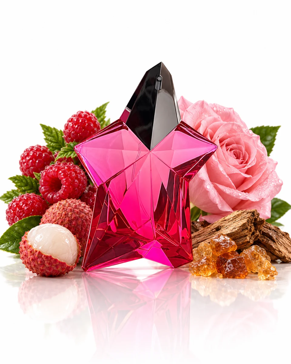 Mugler Angel Nova Eau de Parfum bottle with fragrance-note elements (AI-generated)
