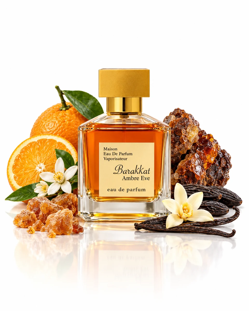 Fragrance World Barakkat Ambre Eve Eau de Parfum bottle with fragrance-note elements (AI-generated)