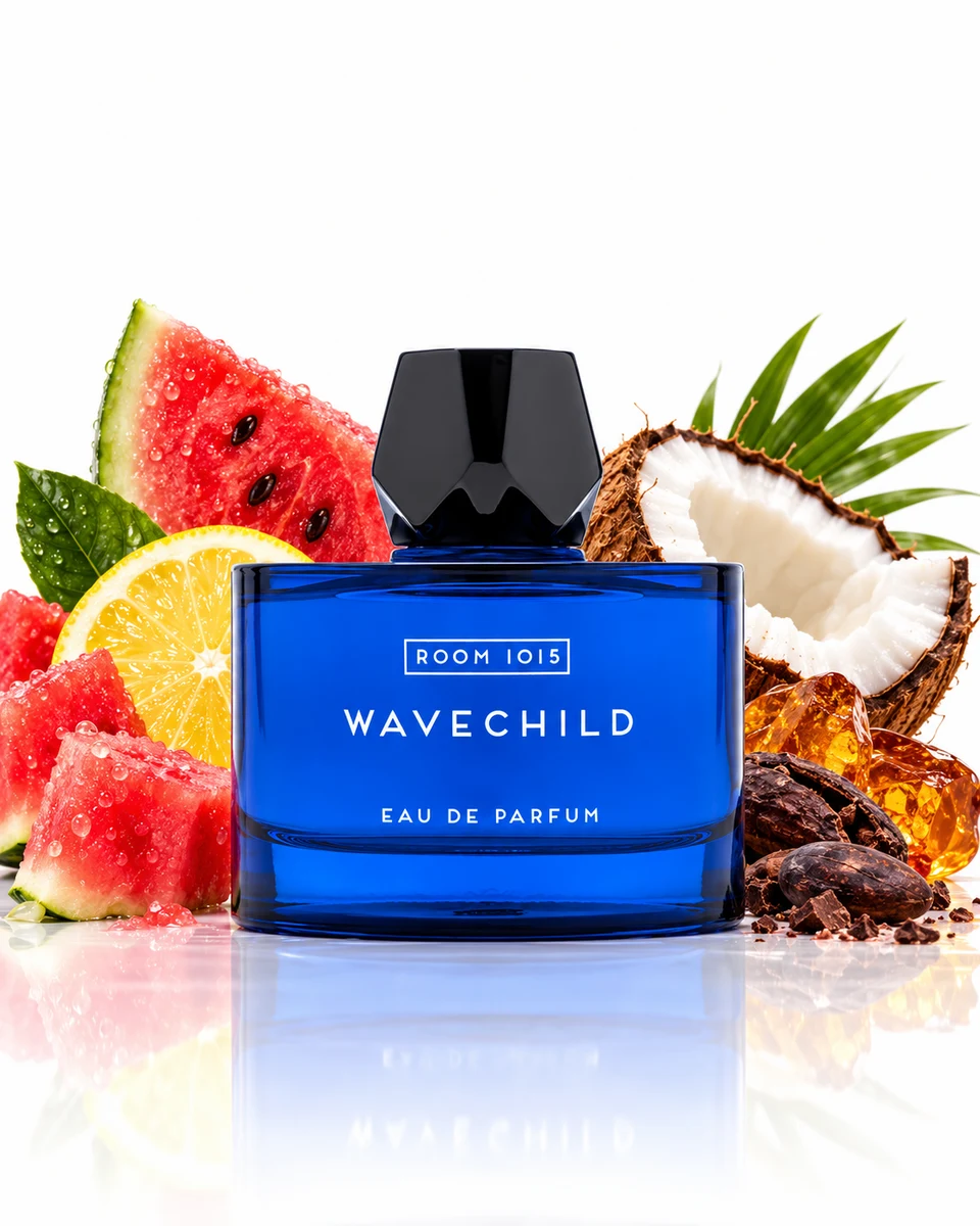 Room 1015 Wavechild Eau de Parfum bottle with fragrance-note elements (AI-generated)