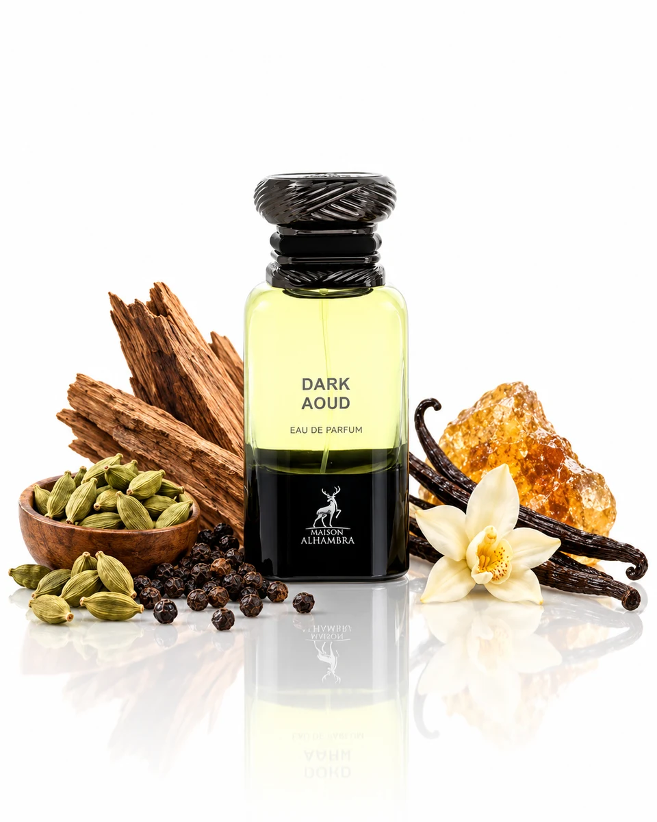 Maison Alhambra Dark Aoud Eau de Parfum bottle with fragrance-note elements (AI-generated)