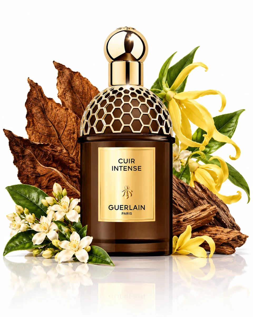 Guerlain Cuir Intense Eau de Parfum bottle with fragrance-note elements (AI-generated)