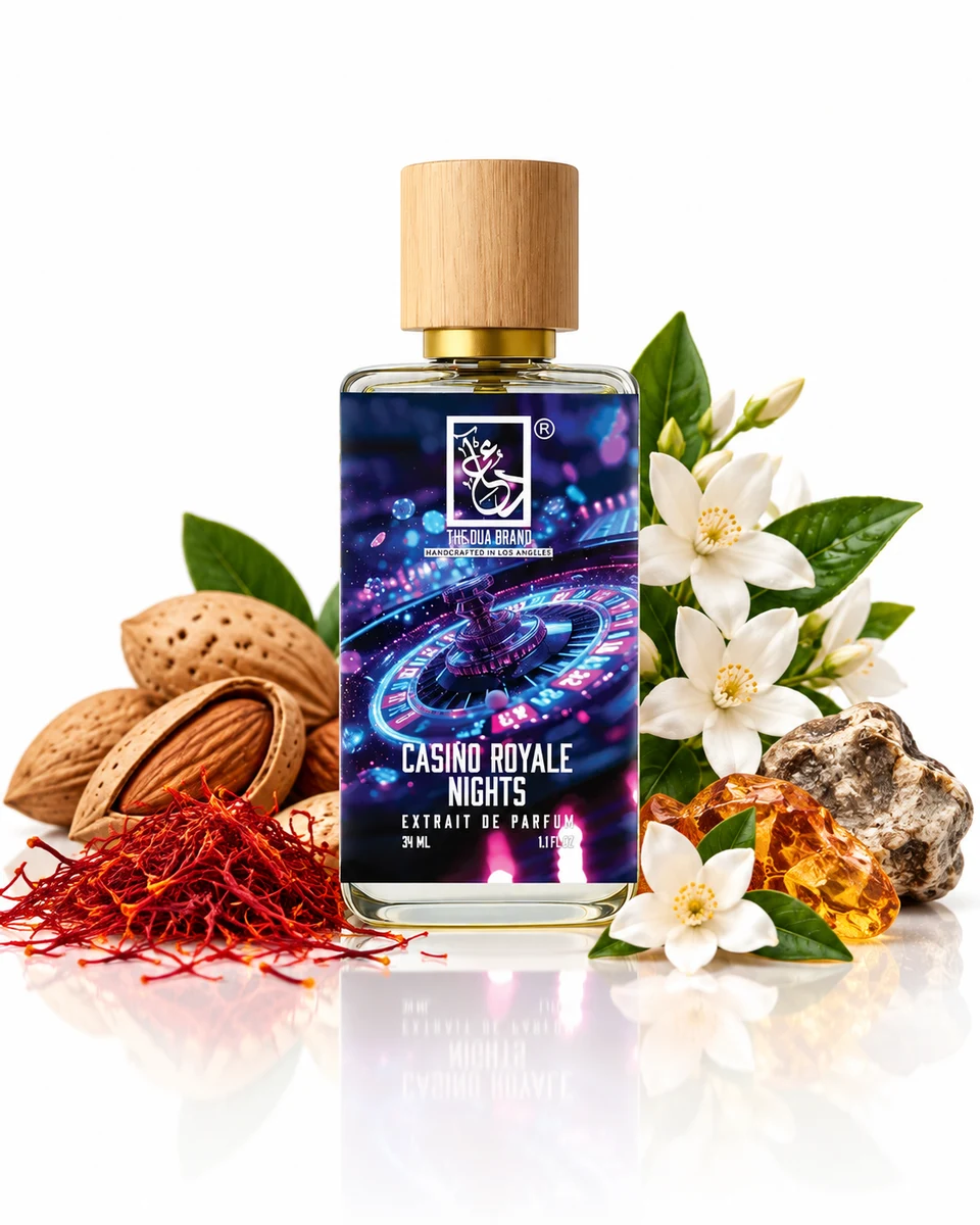 The Dua Brand Casino Royale Nights Extrait de Parfum bottle with fragrance-note elements (AI-generated)