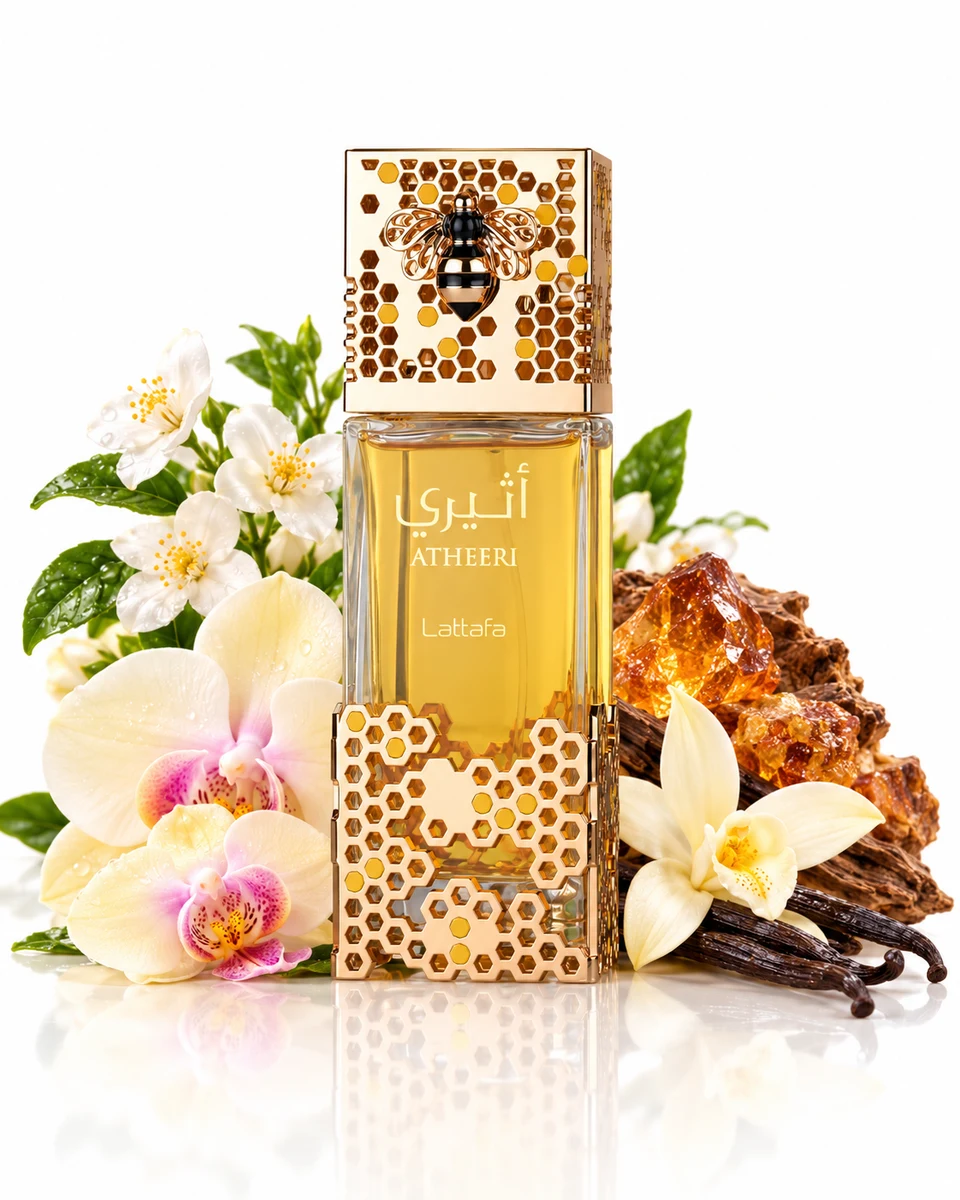 Lattafa Atheeri Eau de Parfum bottle with fragrance-note elements (AI-generated)
