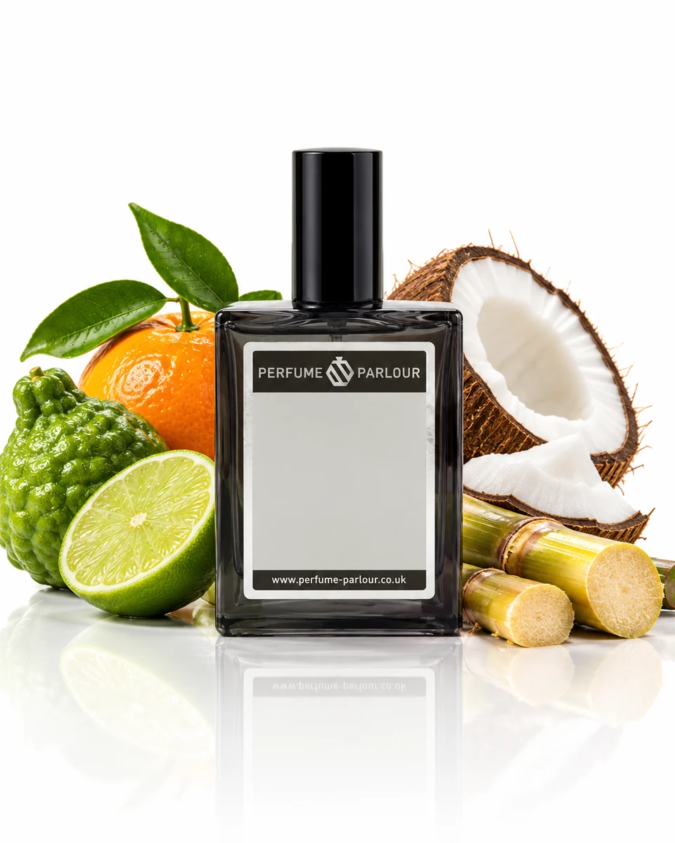 Perfume Parlour Blue Waters - 0424 Eau de Parfum bottle with fragrance-note elements (AI-generated)