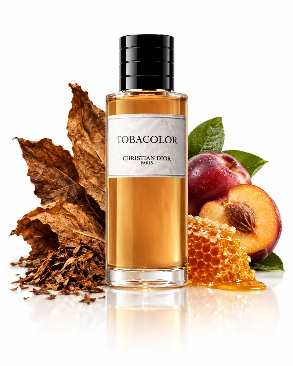 Dior Tobacolor Eau de Parfum bottle with fragrance-note elements (AI-generated)