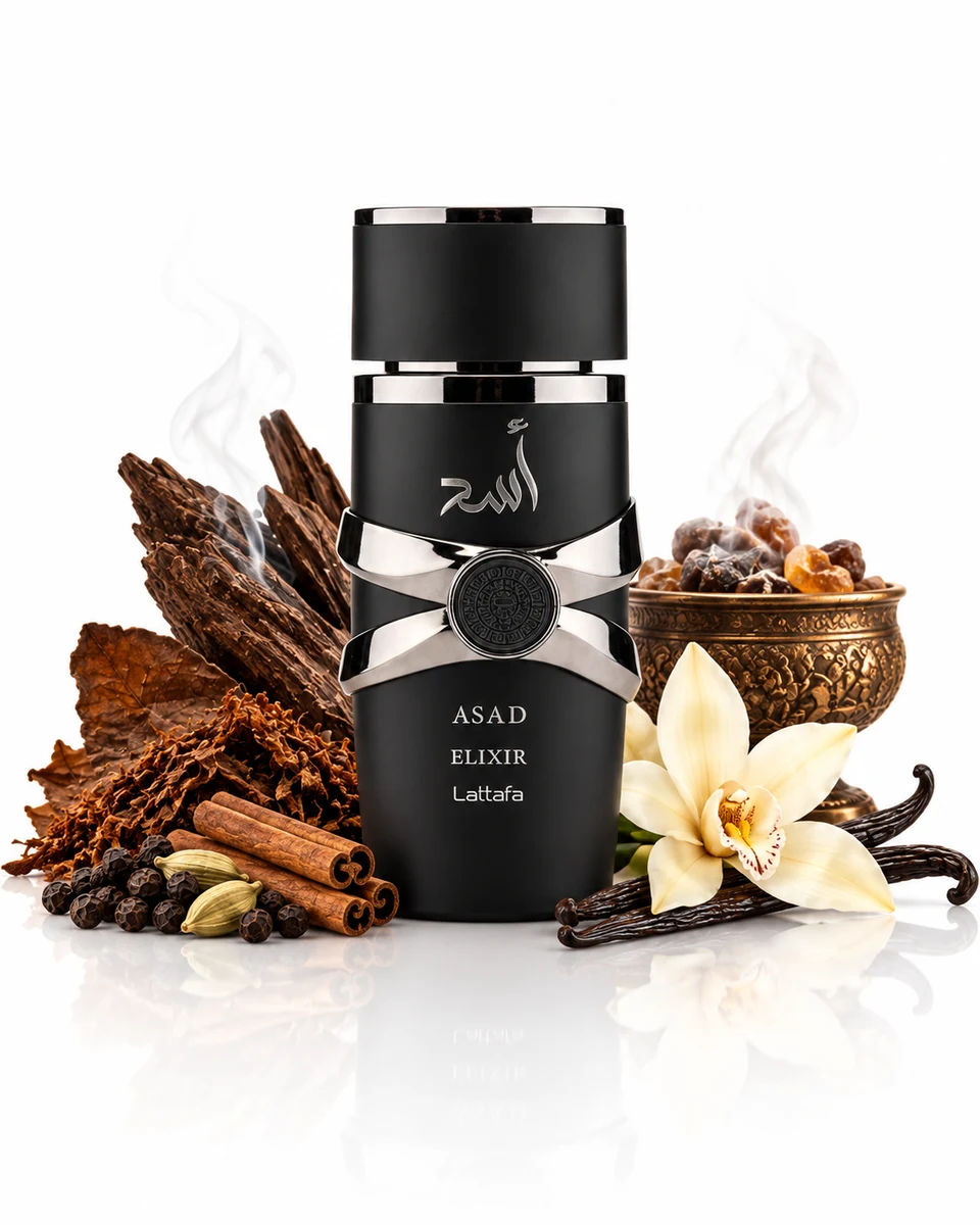 Lattafa Asad Elixir Eau de Parfum bottle with fragrance-note elements (AI-generated)