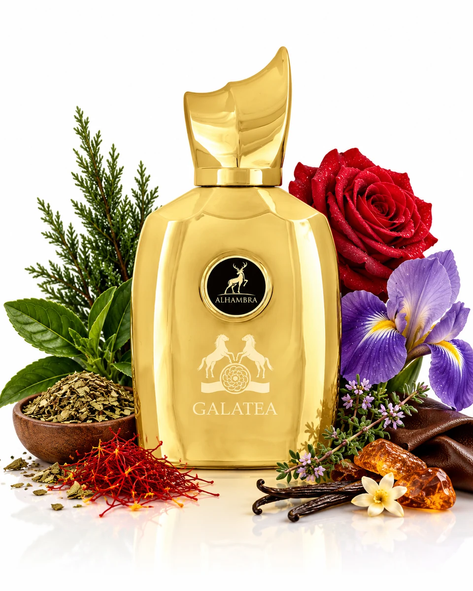 Maison Alhambra Galatea Eau de Parfum bottle with fragrance-note elements (AI-generated)