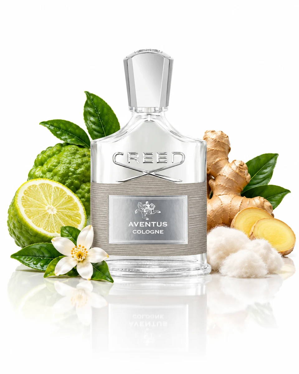 Creed Aventus Cologne Eau de Parfum bottle with fragrance-note elements (AI-generated)