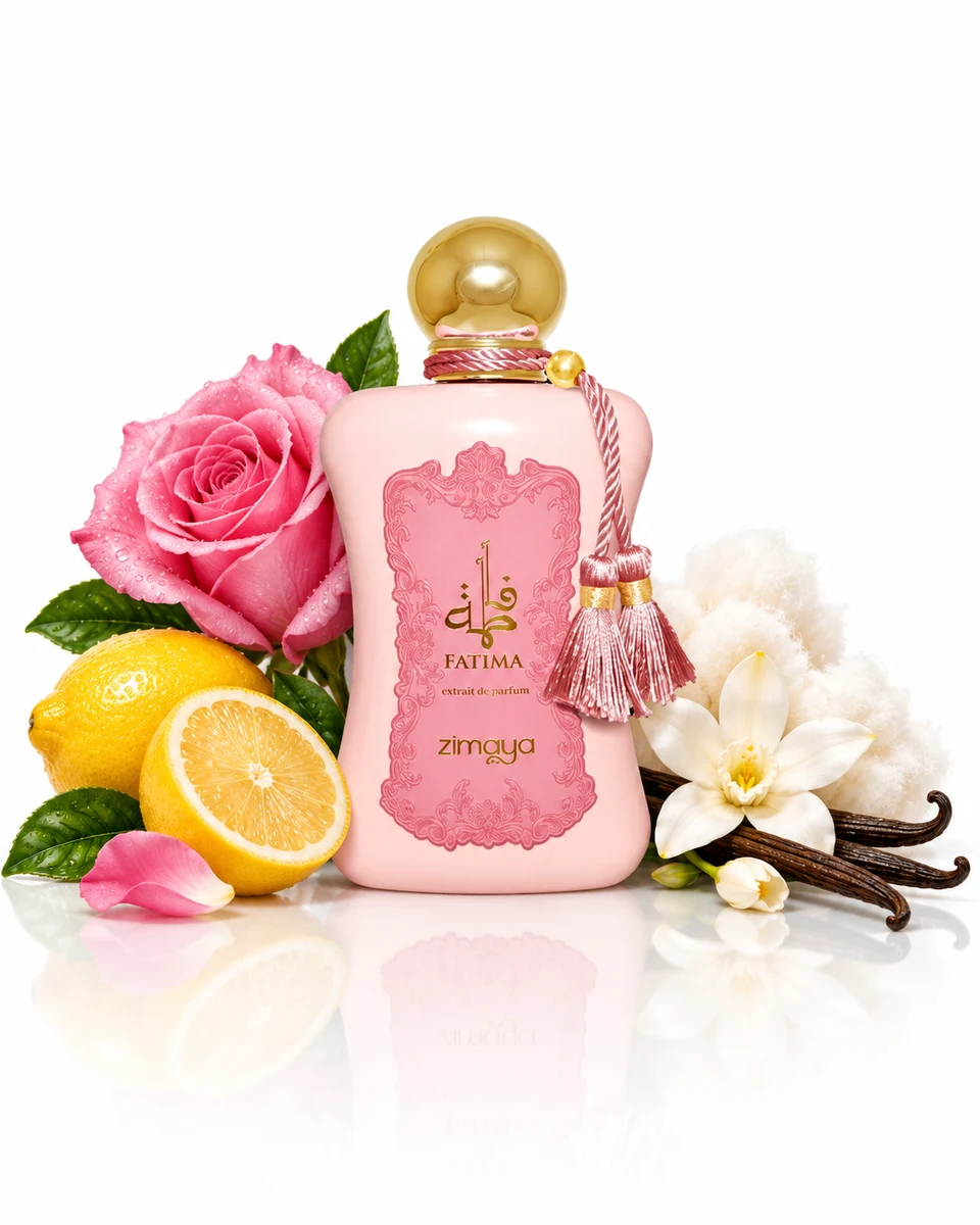 Zimaya Fatima Pink Extrait de Parfum bottle with fragrance-note elements (AI-generated)