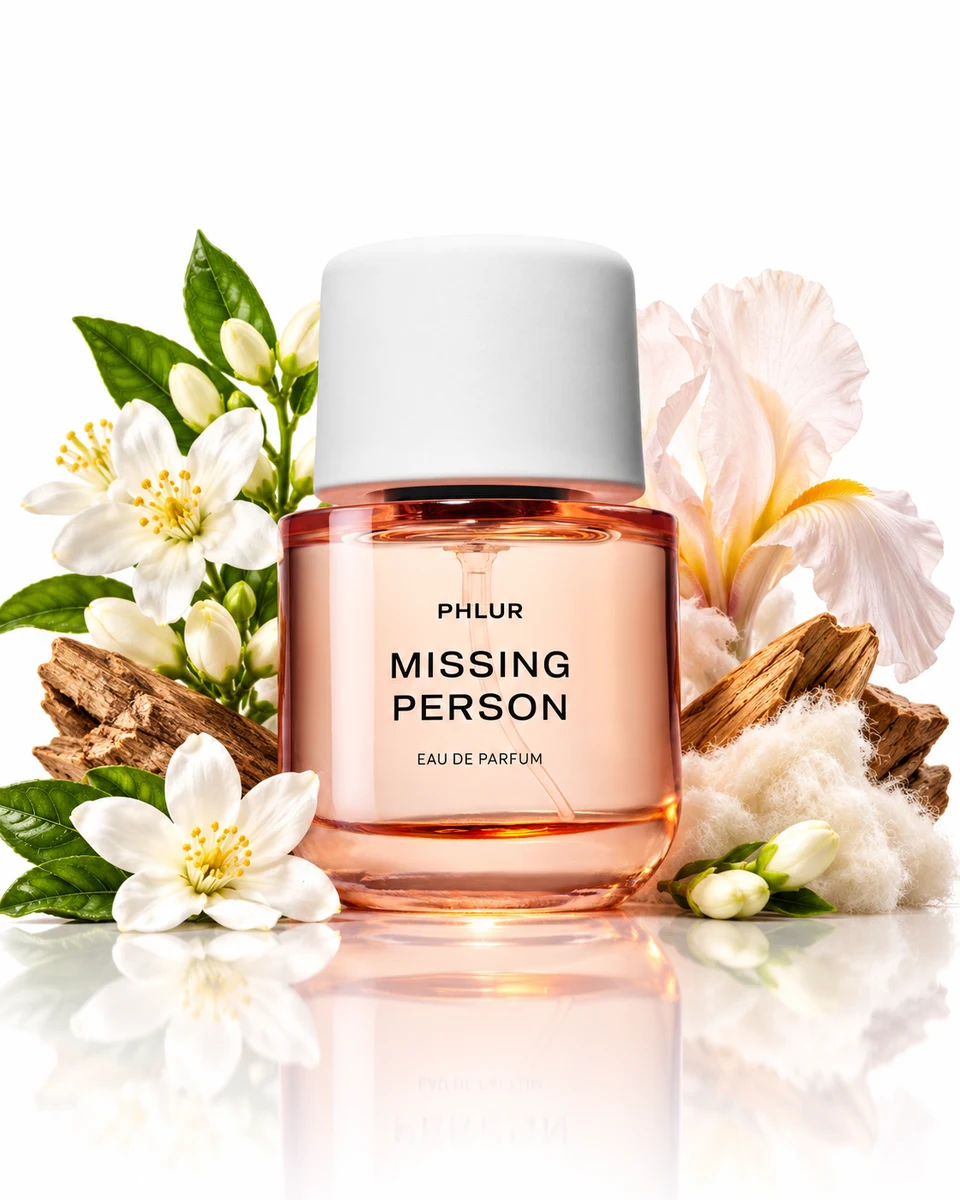 Phlur Missing Person Eau de Parfum bottle with fragrance-note elements (AI-generated)