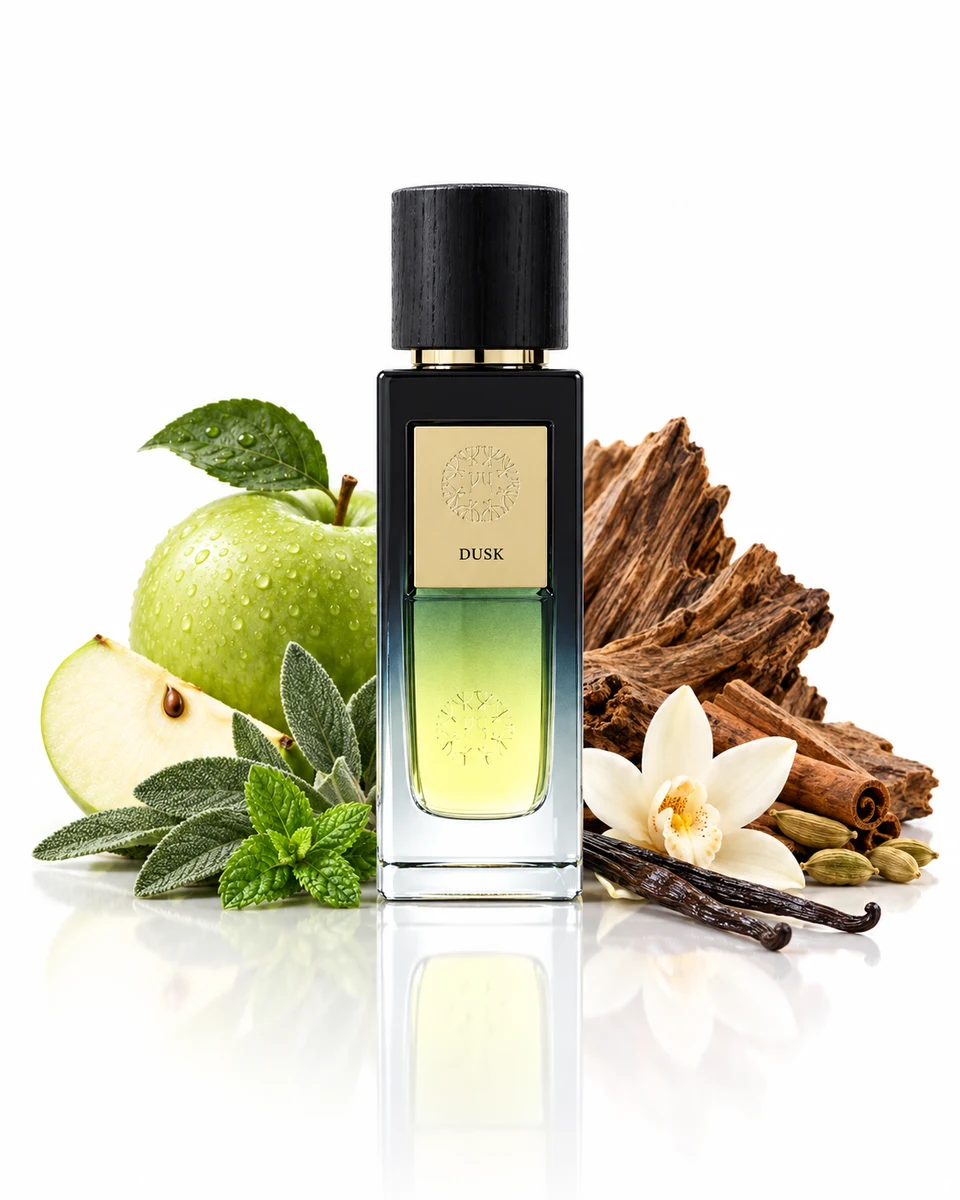 The Woods Collection Dusk Eau de Parfum bottle with fragrance-note elements (AI-generated)