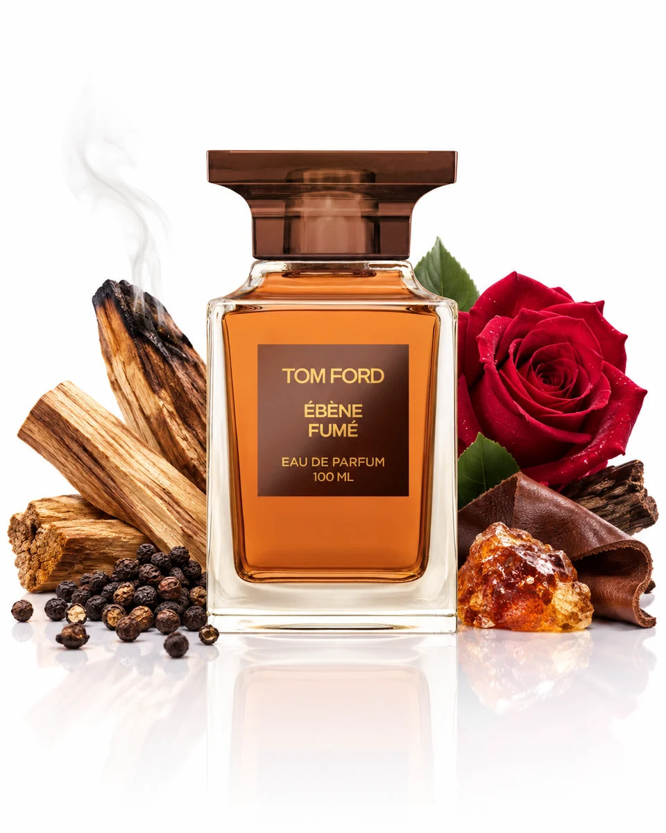 Tom Ford Ébène Fumé Eau de Parfum bottle with fragrance-note elements (AI-generated)