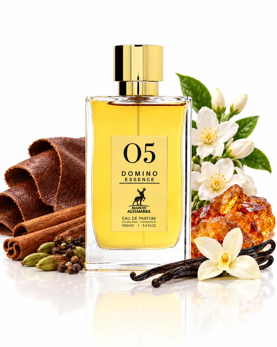 Maison Alhambra 05 Domino Essence Eau de Parfum bottle with fragrance-note elements (AI-generated)