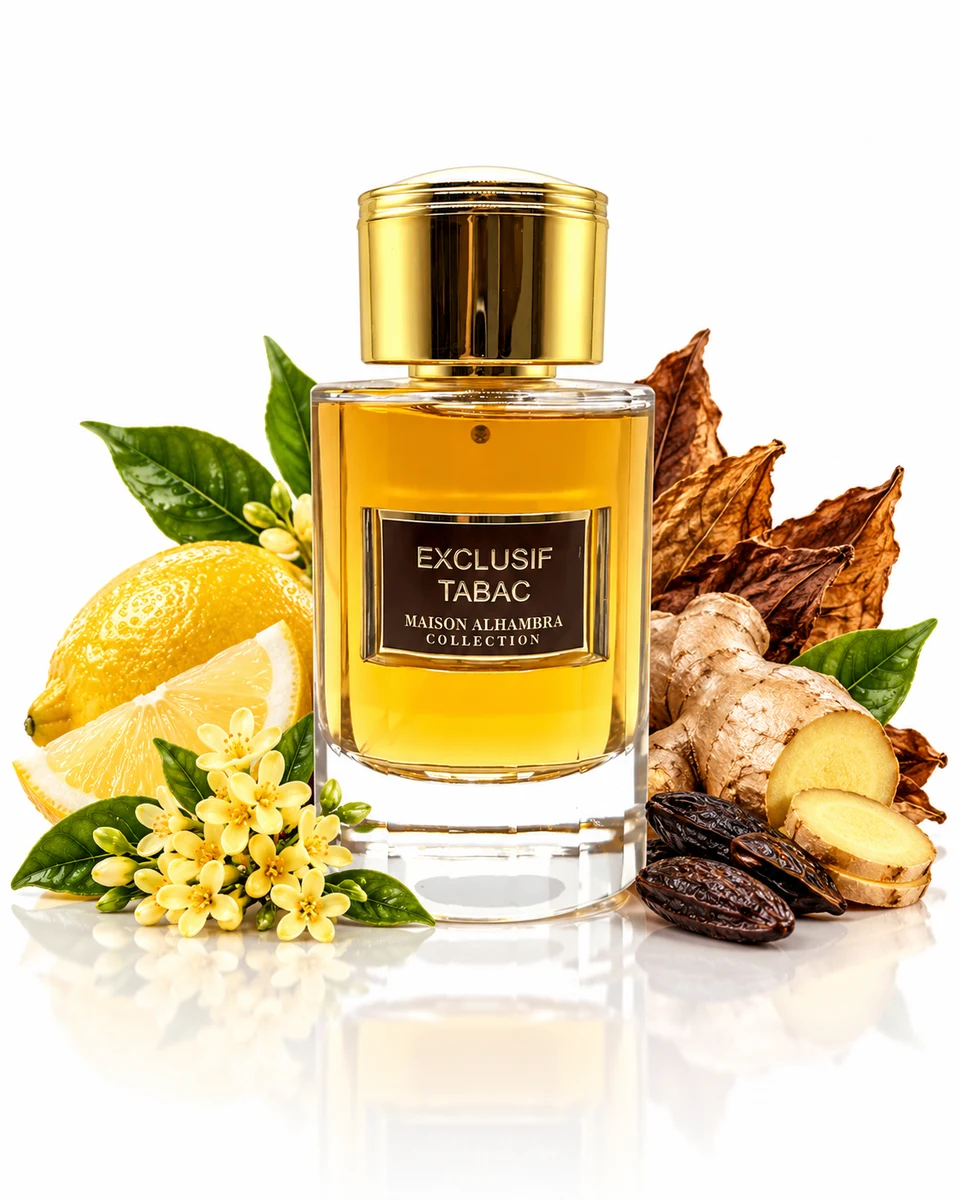 Maison Alhambra Exclusif Tabac Eau de Parfum bottle with fragrance-note elements (AI-generated)