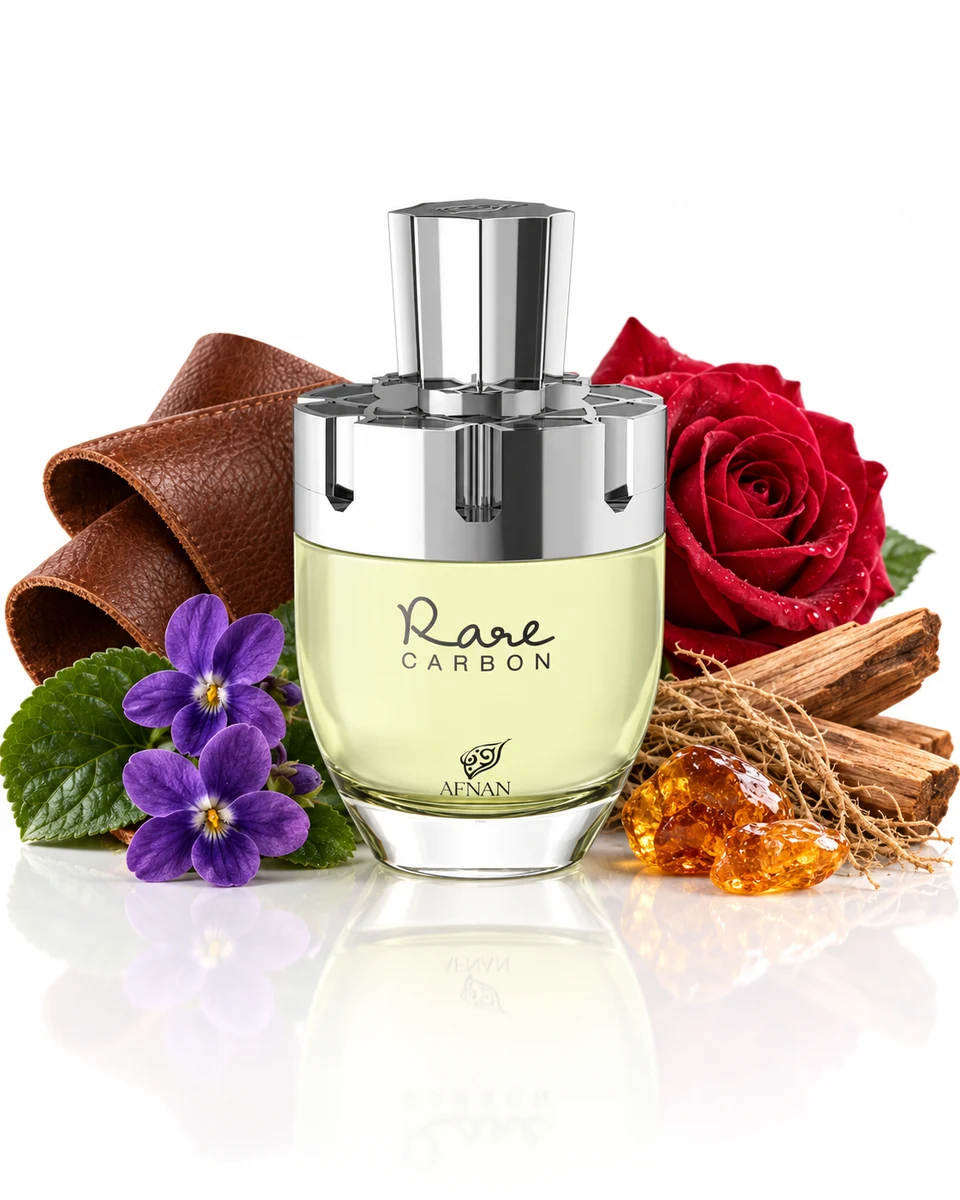 Afnan Rare Carbon Eau de Parfum bottle with fragrance-note elements (AI-generated)