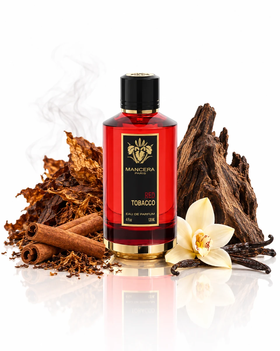 Mancera Red Tobacco Eau de Parfum bottle with fragrance-note elements (AI-generated)