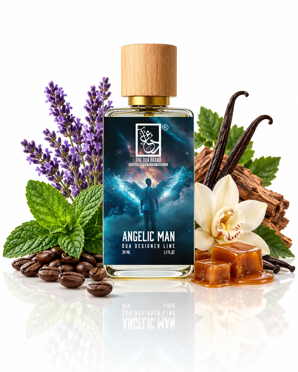 The Dua Brand Angelic Man Extrait de Parfum bottle with fragrance-note elements (AI-generated)