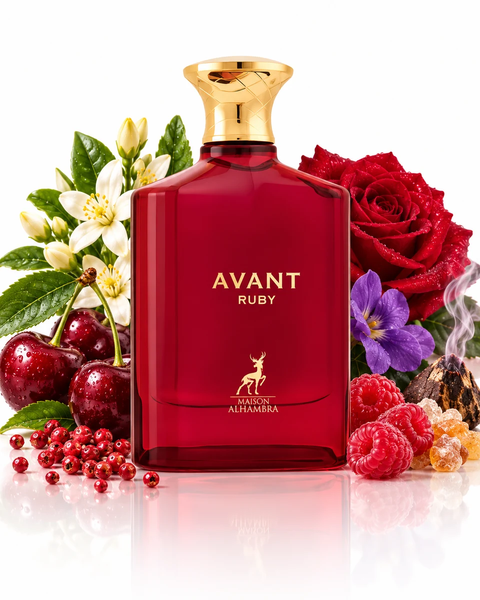 Maison Alhambra Avant Ruby Eau de Parfum bottle with fragrance-note elements (AI-generated)