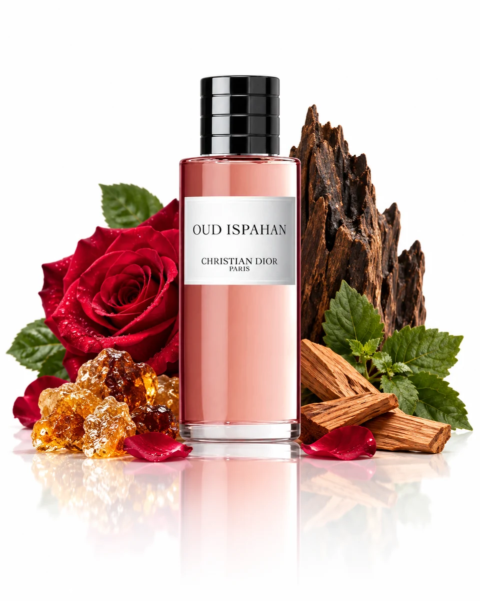 Dior Oud Ispahan Eau de Parfum bottle with fragrance-note elements (AI-generated)