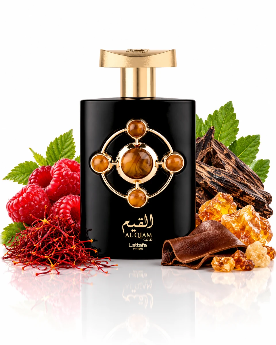Lattafa Al Qiam Gold Eau de Parfum bottle with fragrance-note elements (AI-generated)
