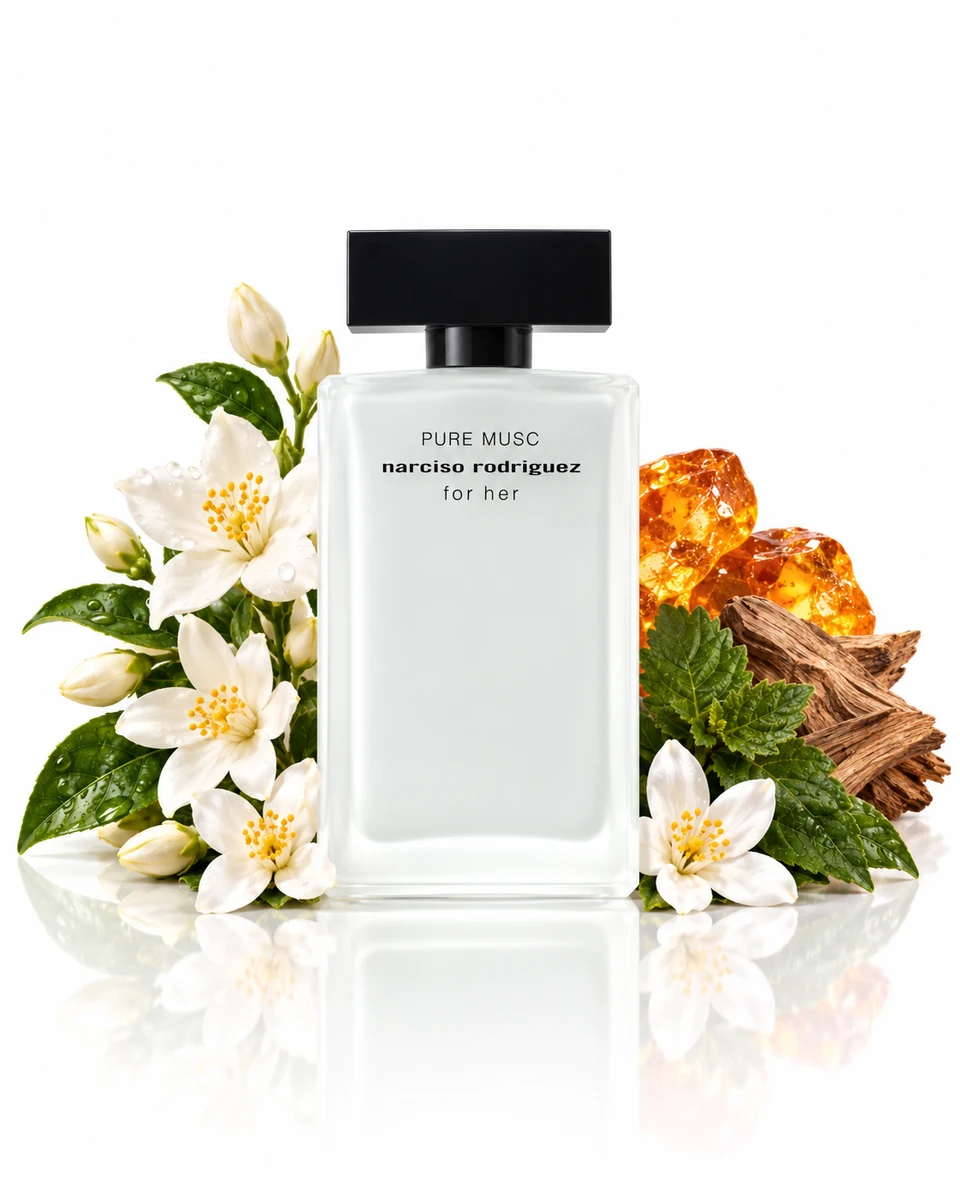 Narciso Rodriguez For Her Pure Musc Eau de Parfum bottle with fragrance-note elements (AI-generated)