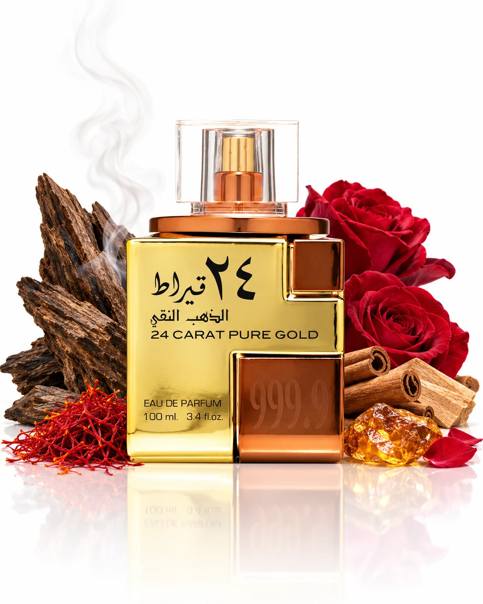 Lattafa 24 Carat Pure Gold Eau de Parfum bottle with fragrance-note elements (AI-generated)