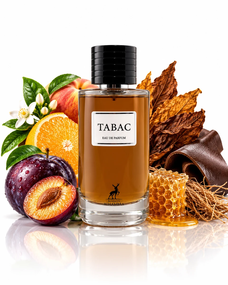 Maison Alhambra Tabac bottle with fragrance-note elements (AI-generated)