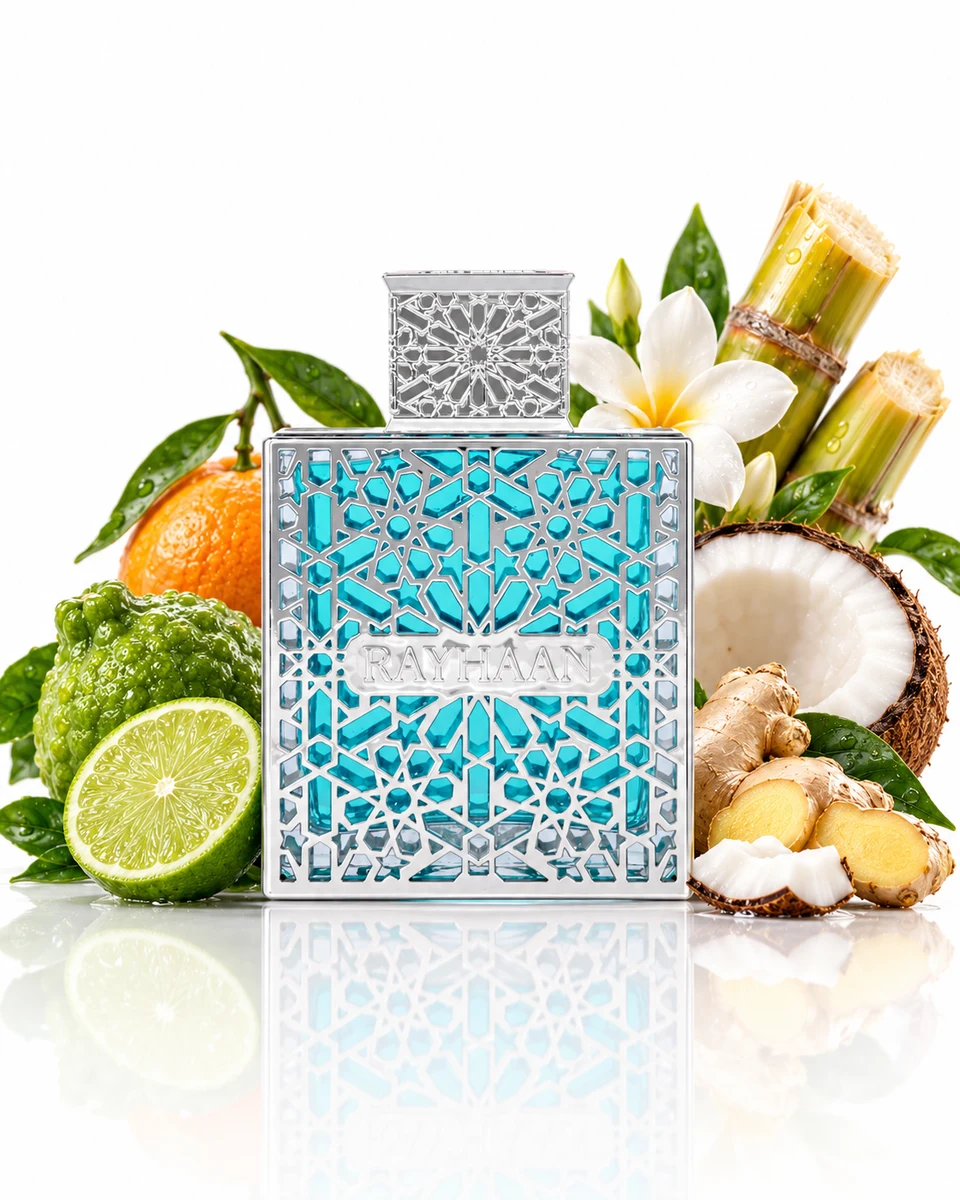 Rayhaan Aquatica Eau de Parfum bottle with fragrance-note elements (AI-generated)