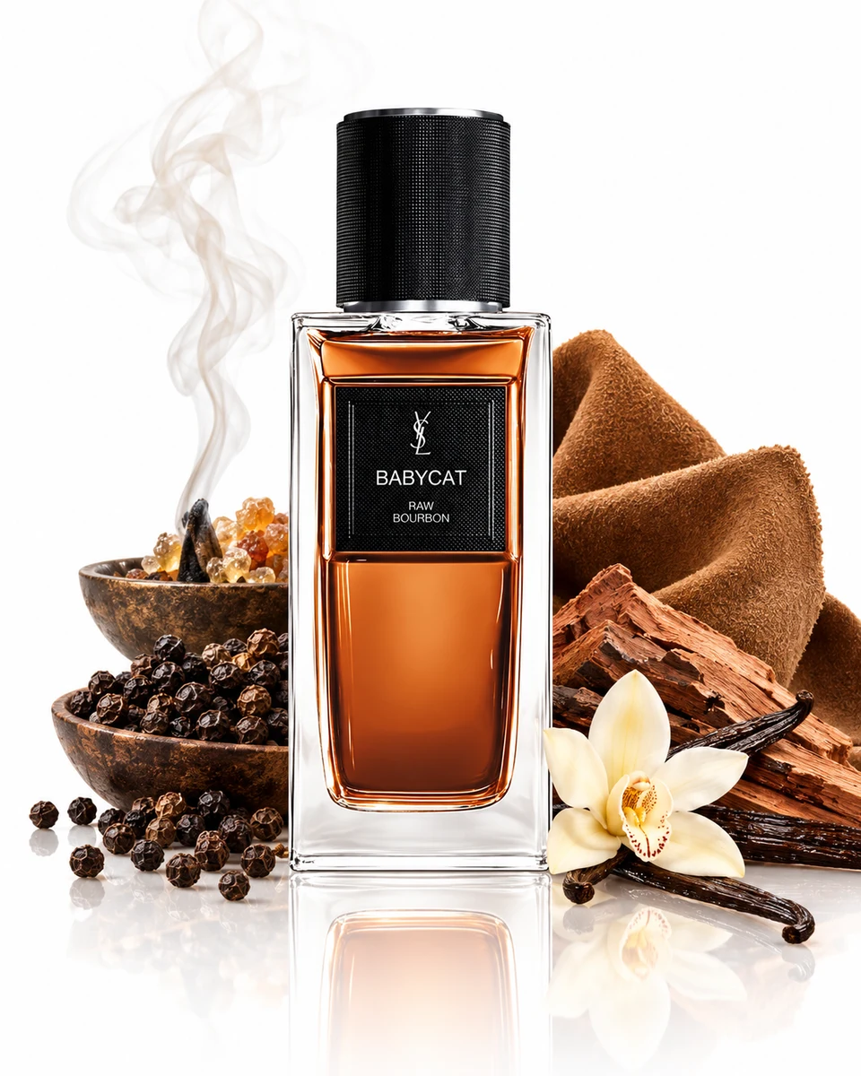 Yves Saint Laurent Babycat Eau de Parfum bottle with fragrance-note elements (AI-generated)