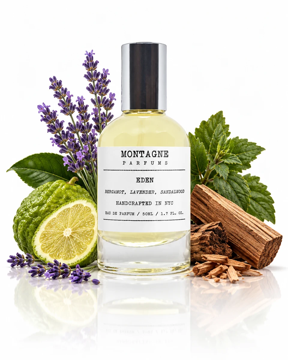 Montagne Parfums Eden Eau de Parfum bottle with fragrance-note elements (AI-generated)