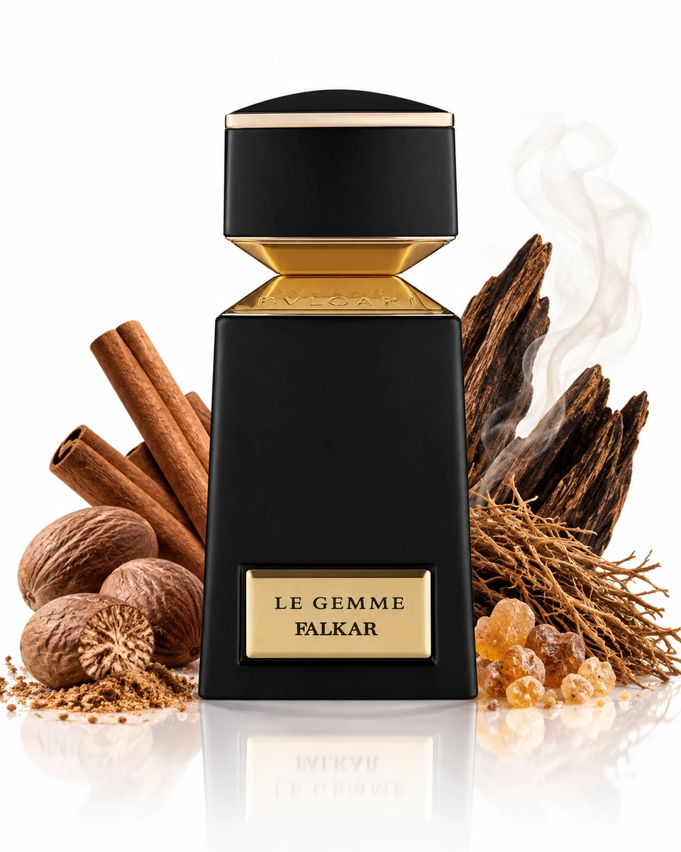 Bvlgari Le Gemme Falkar Eau de Parfum bottle with fragrance-note elements (AI-generated)