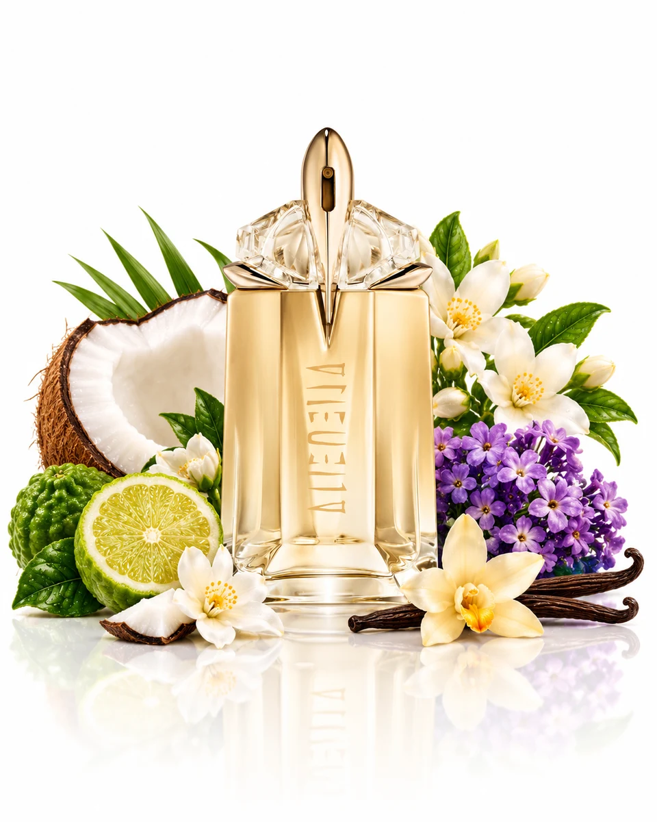 Mugler Alien Goddess Eau de Parfum bottle with fragrance-note elements (AI-generated)