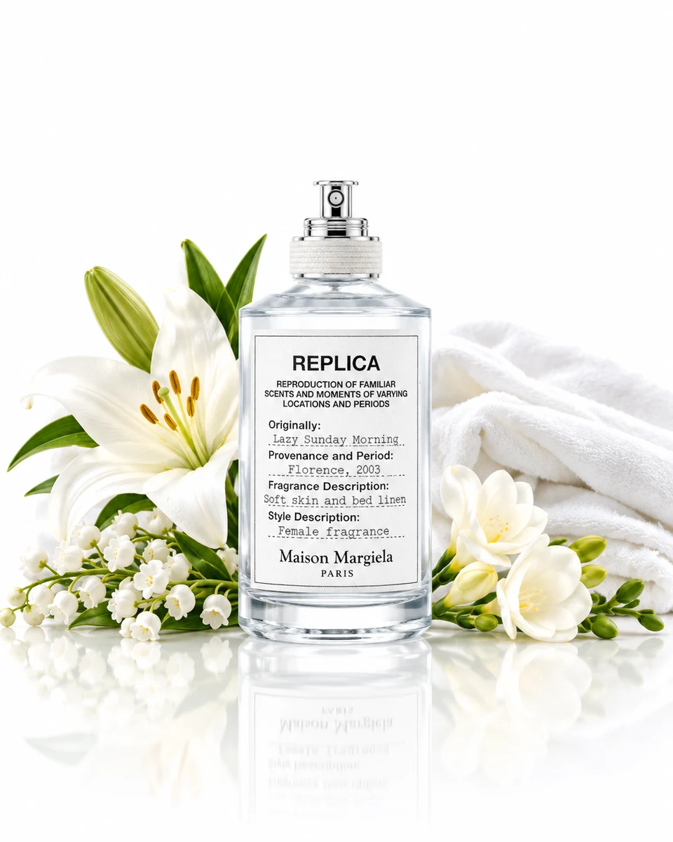 Maison Margiela Replica Lazy Sunday Morning Eau de Toilette bottle with fragrance-note elements (AI-generated)