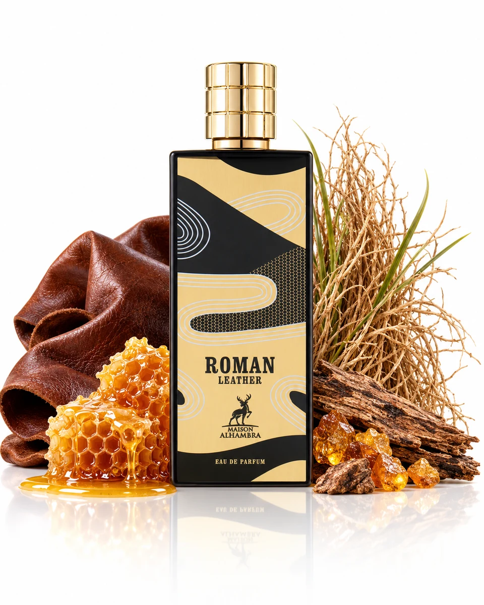 Maison Alhambra Roman Leather Eau de Parfum bottle with fragrance-note elements (AI-generated)