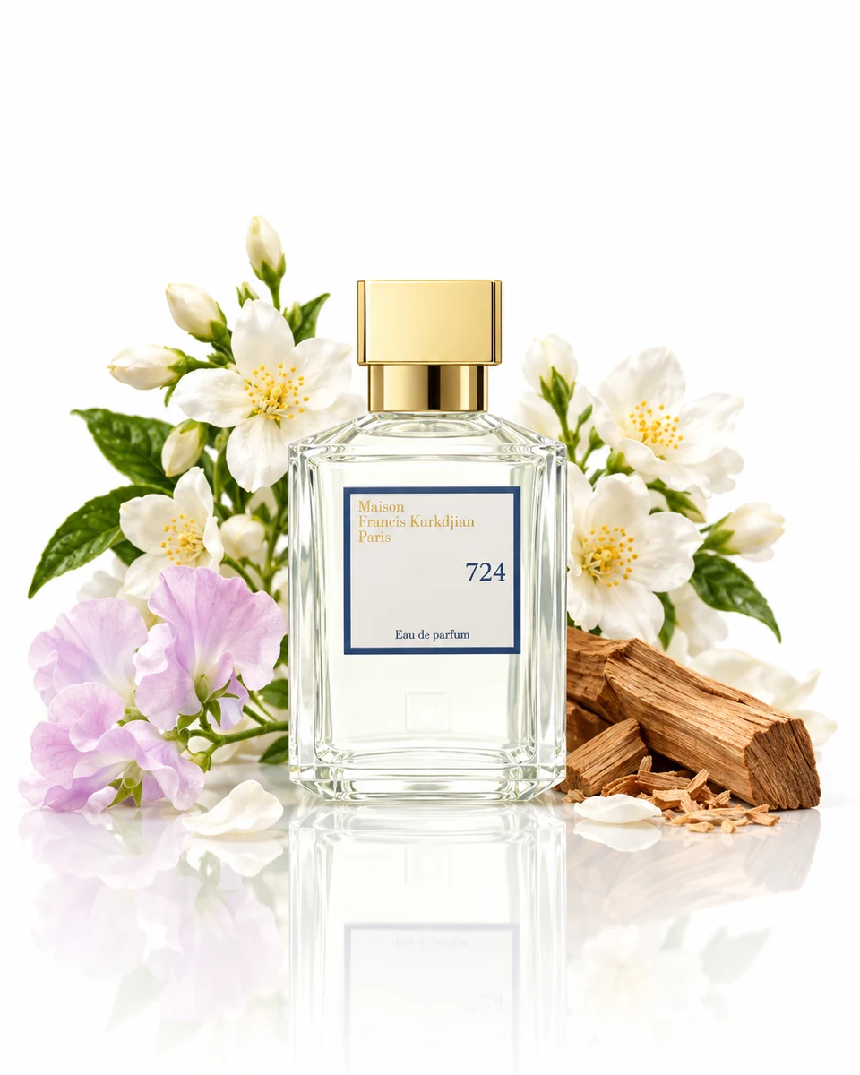 Maison Francis Kurkdjian 724 Eau de Parfum bottle with fragrance-note elements (AI-generated)
