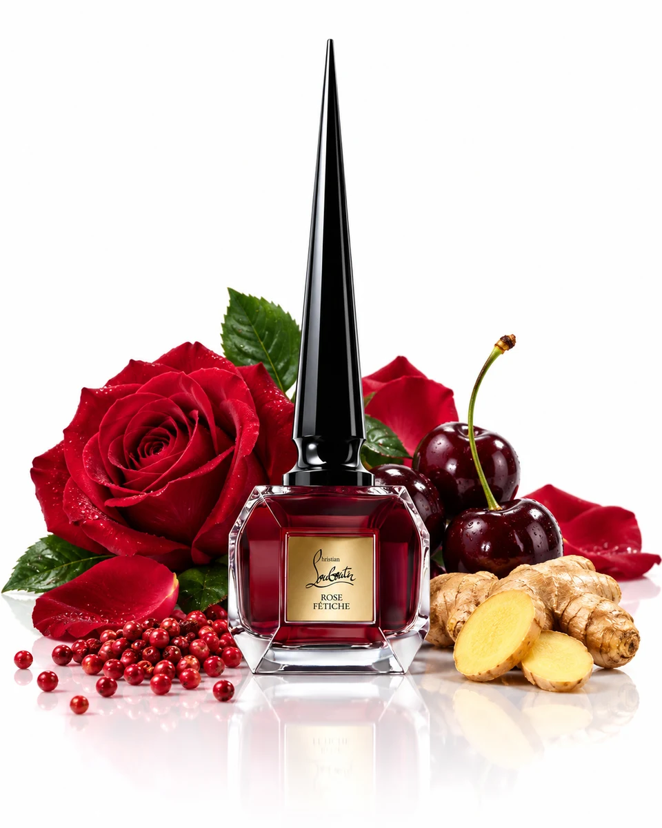 Christian Louboutin Fétiche La Rose Eau de Parfum bottle with fragrance-note elements (AI-generated)