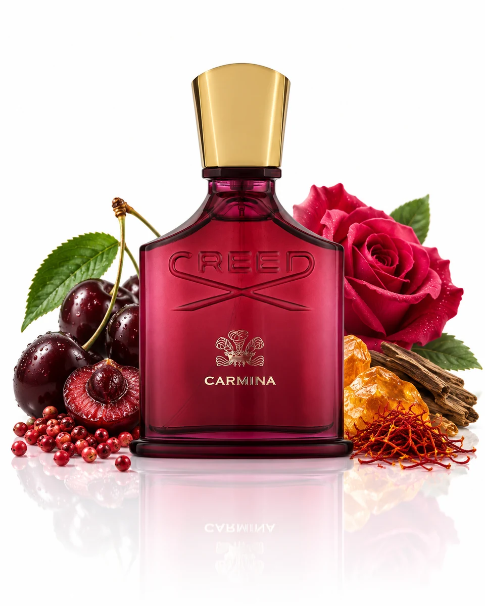 Creed Carmina Eau de Parfum bottle with fragrance-note elements (AI-generated)