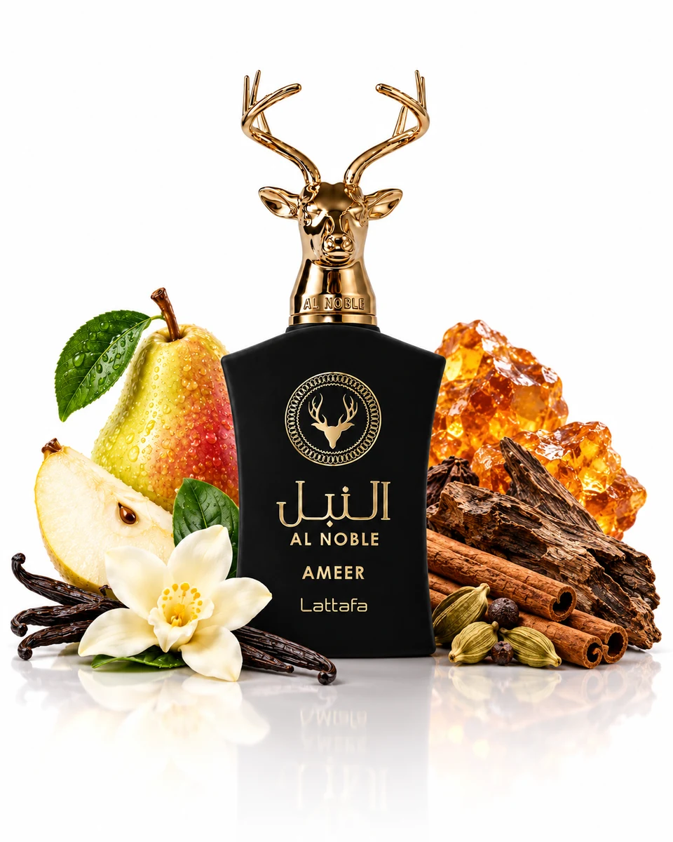 Lattafa Ameer Eau de Parfum bottle with fragrance-note elements (AI-generated)