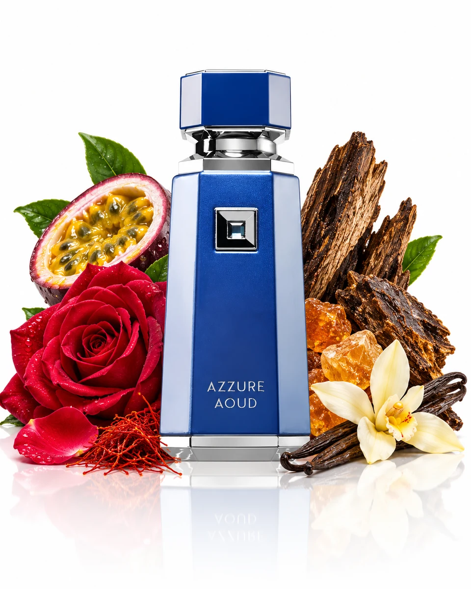 French Avenue Azzure Aoud Eau de Parfum bottle with fragrance-note elements (AI-generated)