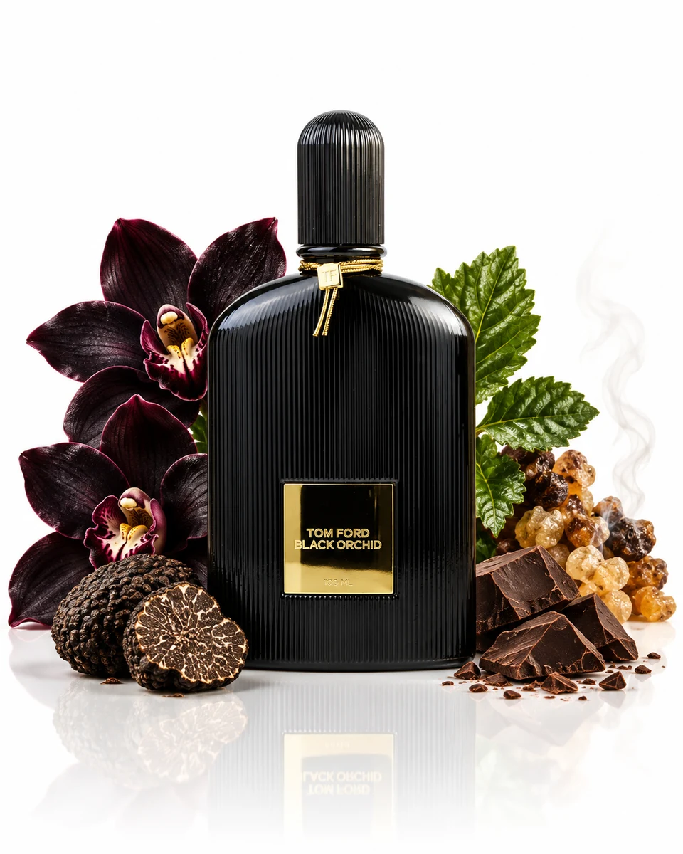 Tom Ford Black Orchid Eau de Parfum bottle with fragrance-note elements (AI-generated)
