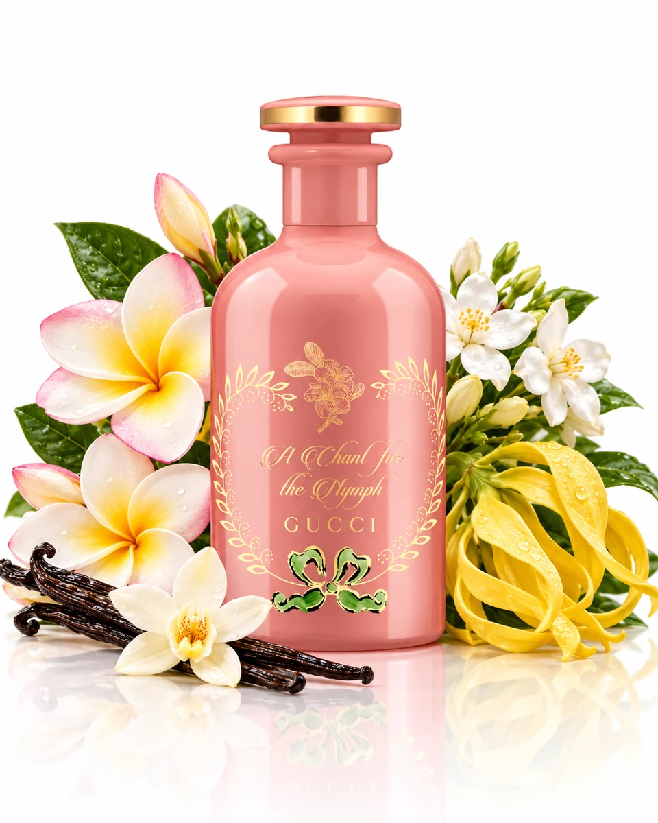 Gucci A Chant for the Nymph Eau de Parfum bottle with fragrance-note elements (AI-generated)