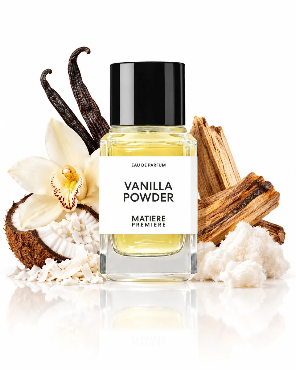 Matière Première Vanilla Powder Eau de Parfum bottle with fragrance-note elements (AI-generated)