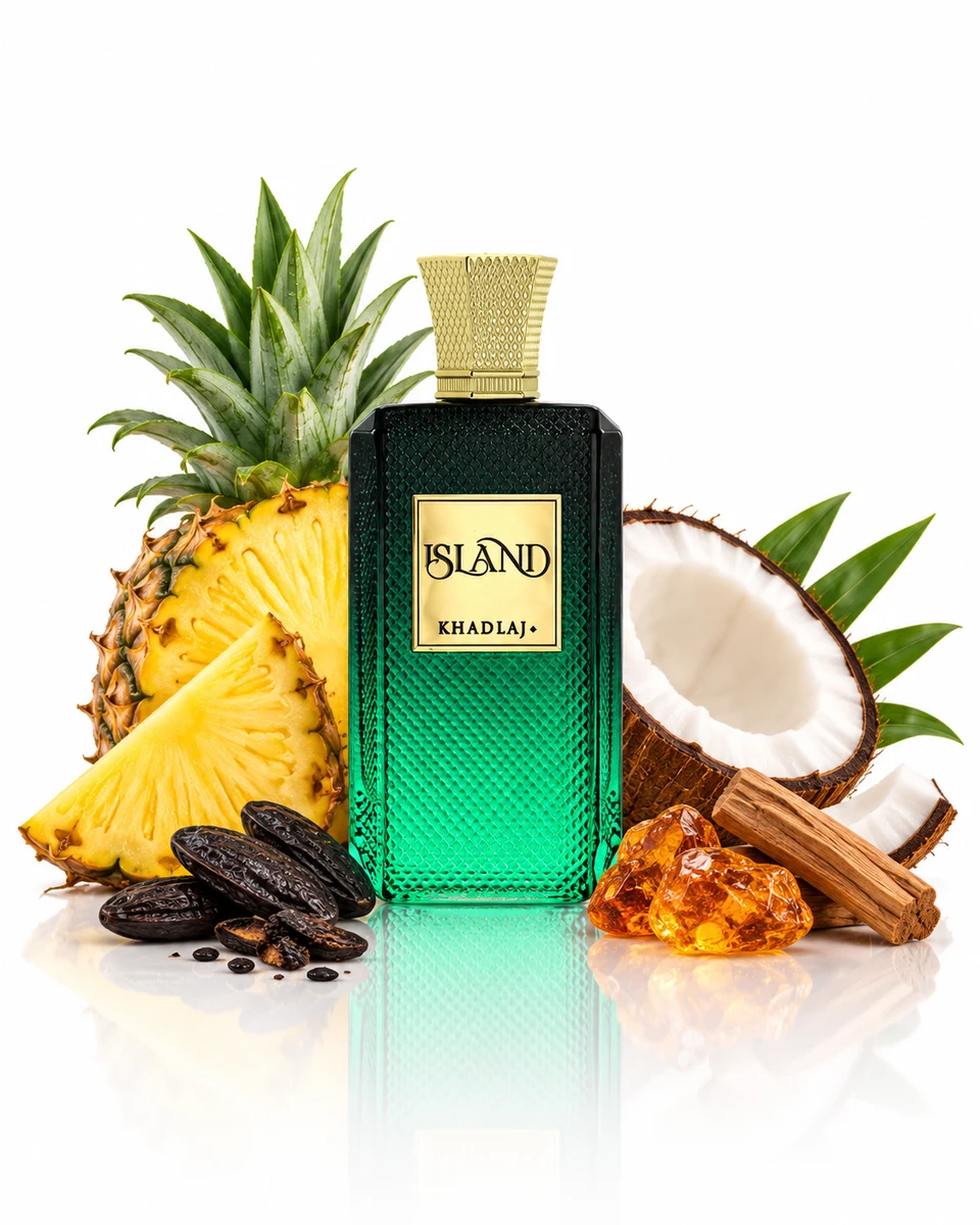 Khadlaj Island Extrait de Parfum bottle with fragrance-note elements (AI-generated)