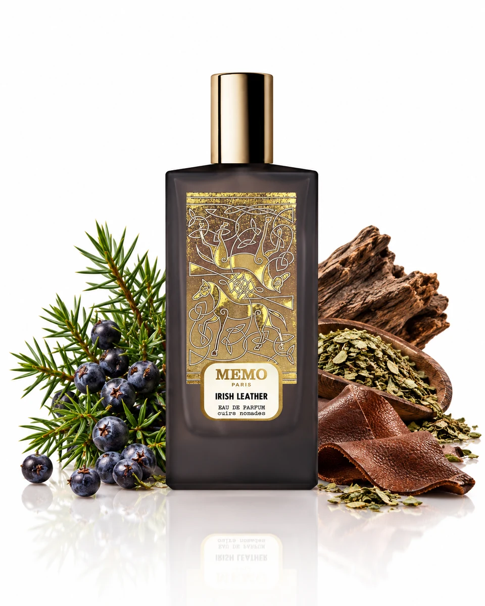 Memo Paris Irish Leather Eau de Parfum bottle with fragrance-note elements (AI-generated)